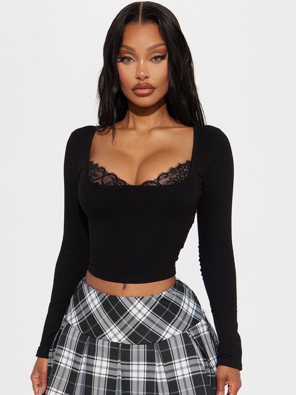 Fashion Nova Black Lace-Trim Square Neck Long Sleeve Crop Top